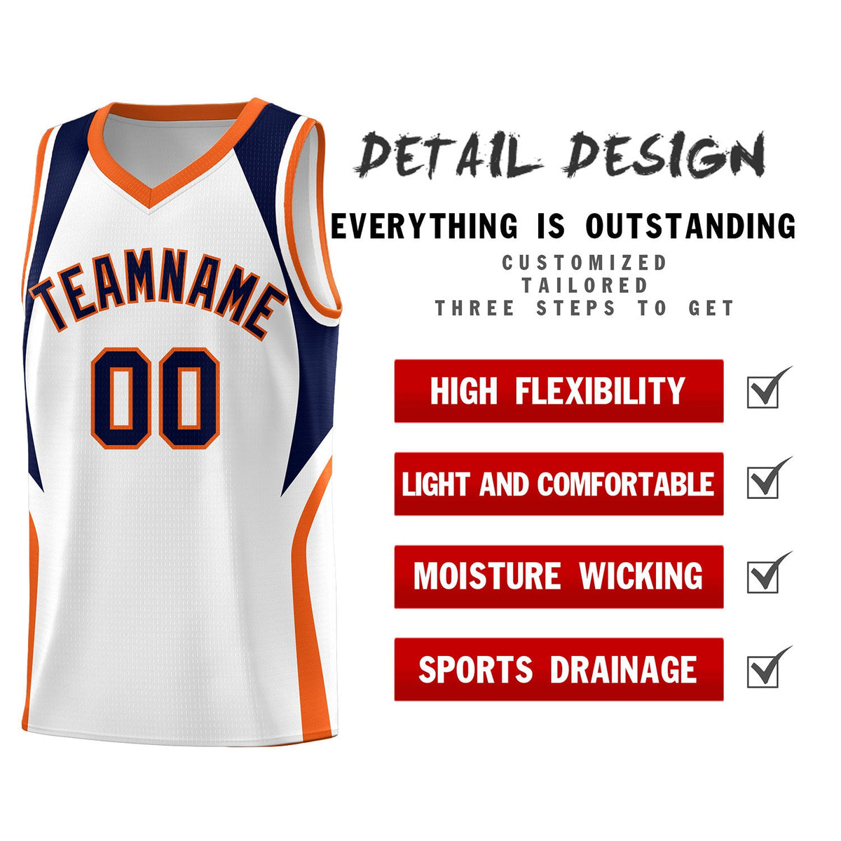 Custom White Navy and Orange Color Block Sports Uniform Basketball Jersey