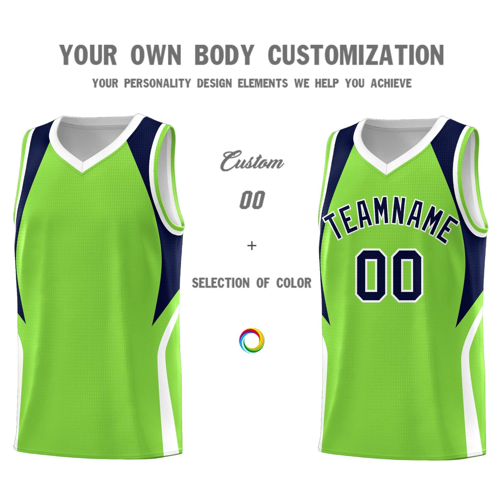 Custom Neon Green Navy and White Color Block Sports Uniform Basketball Jersey