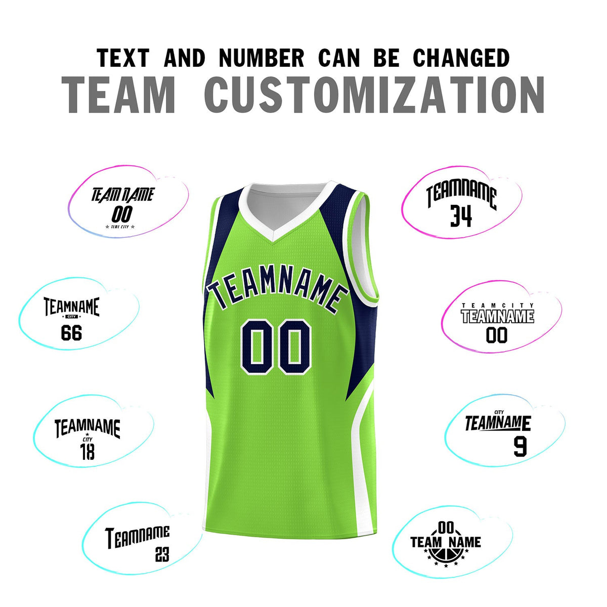 Custom Neon Green Navy and White Color Block Sports Uniform Basketball Jersey
