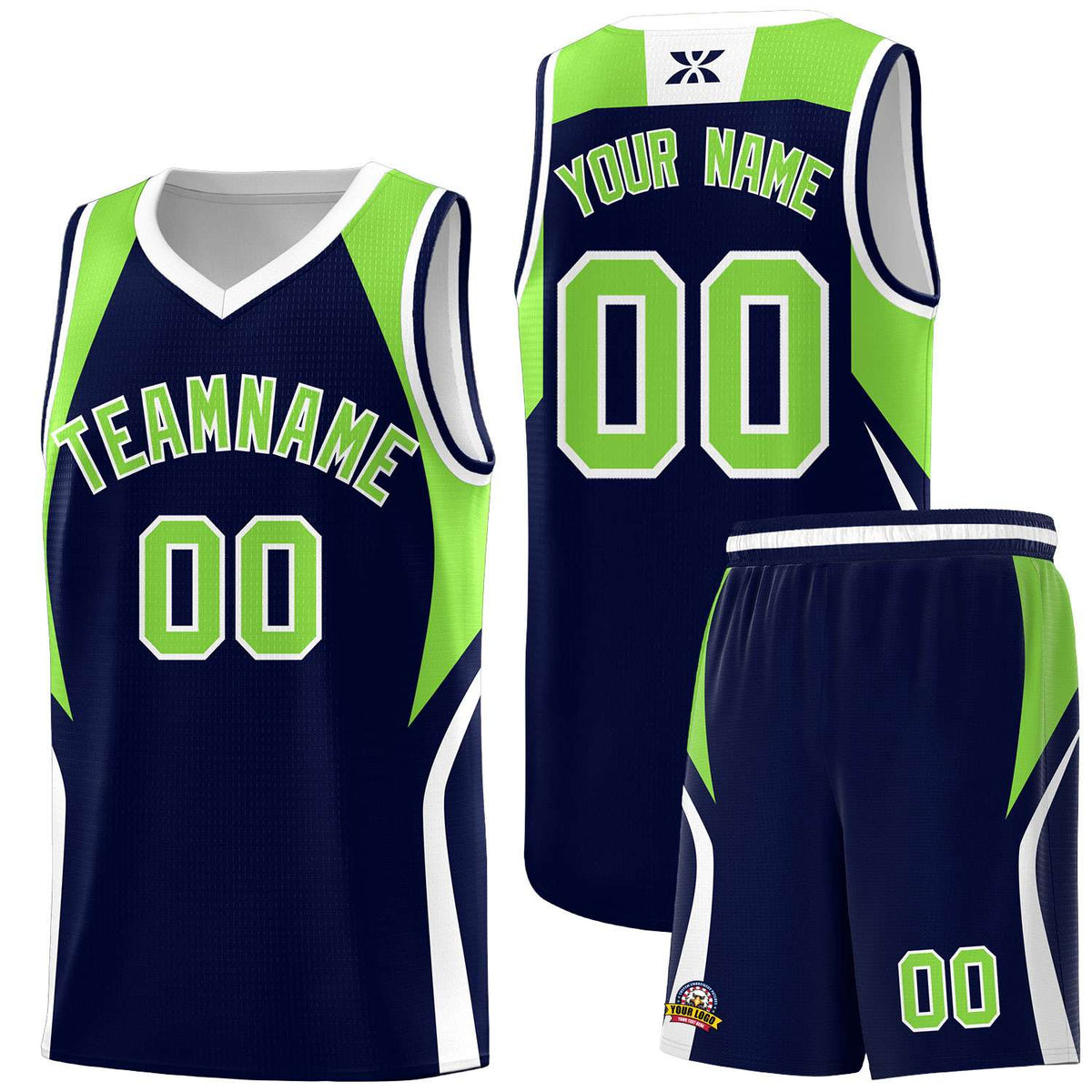 Custom Navy Neon Green and White Color Block Sports Uniform Basketball Jersey