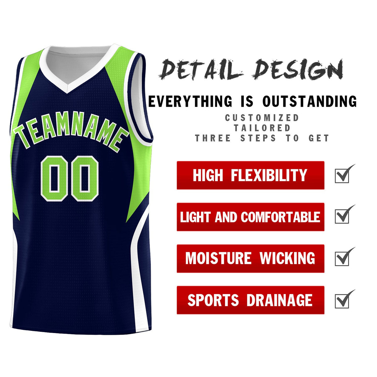 Custom Navy Neon Green and White Color Block Sports Uniform Basketball Jersey