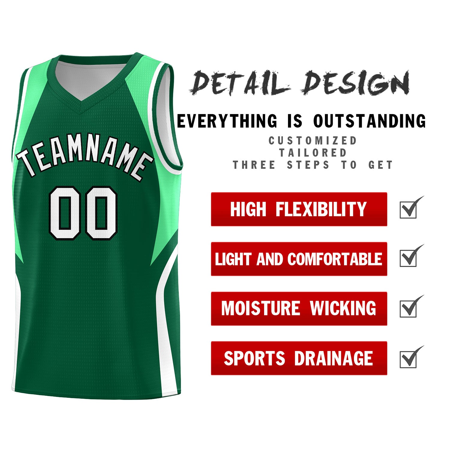 Custom Kelly Green Green and White Color Block Sports Uniform Basketball Jersey