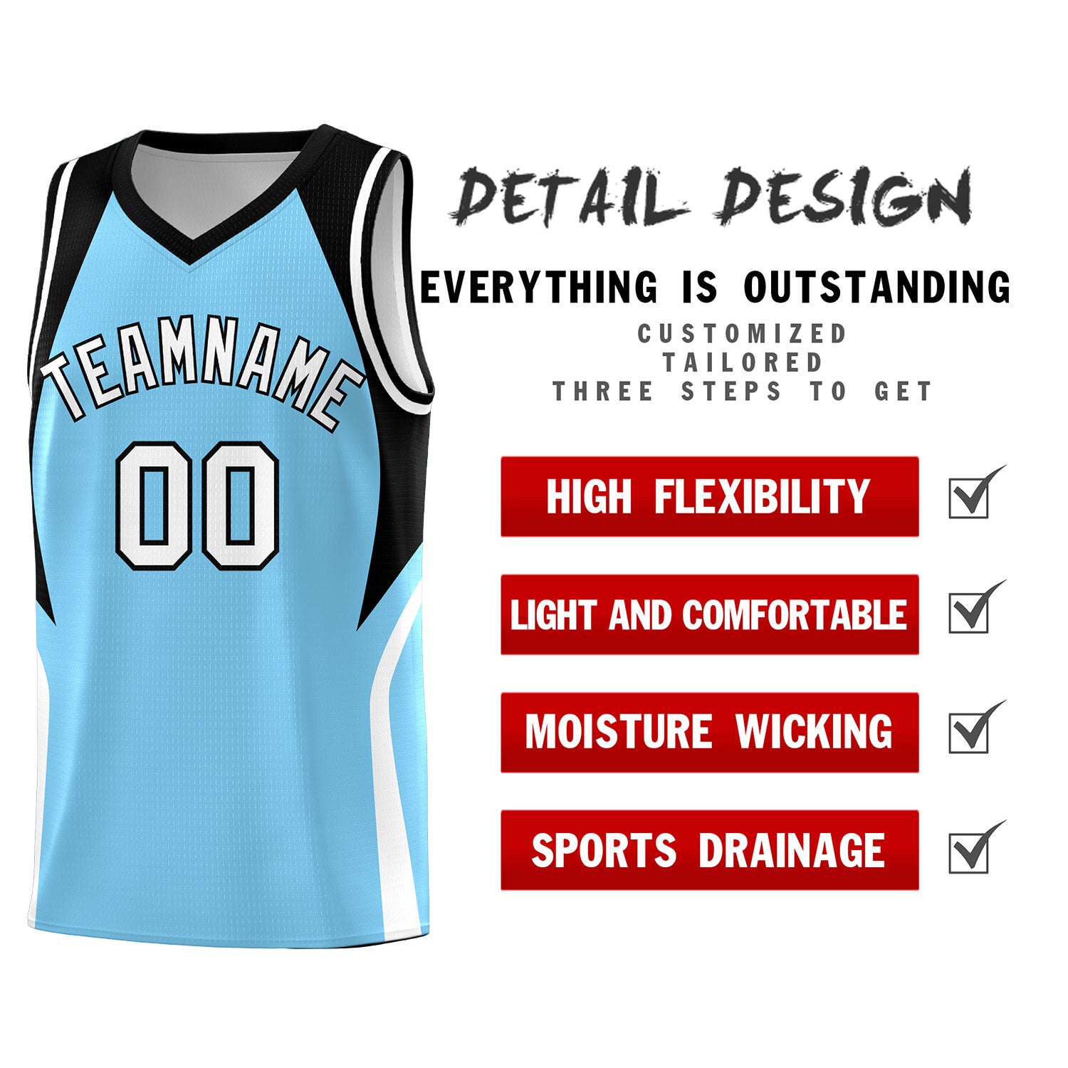 Custom Light Blue Black and White Color Block Sports Uniform Basketball Jersey