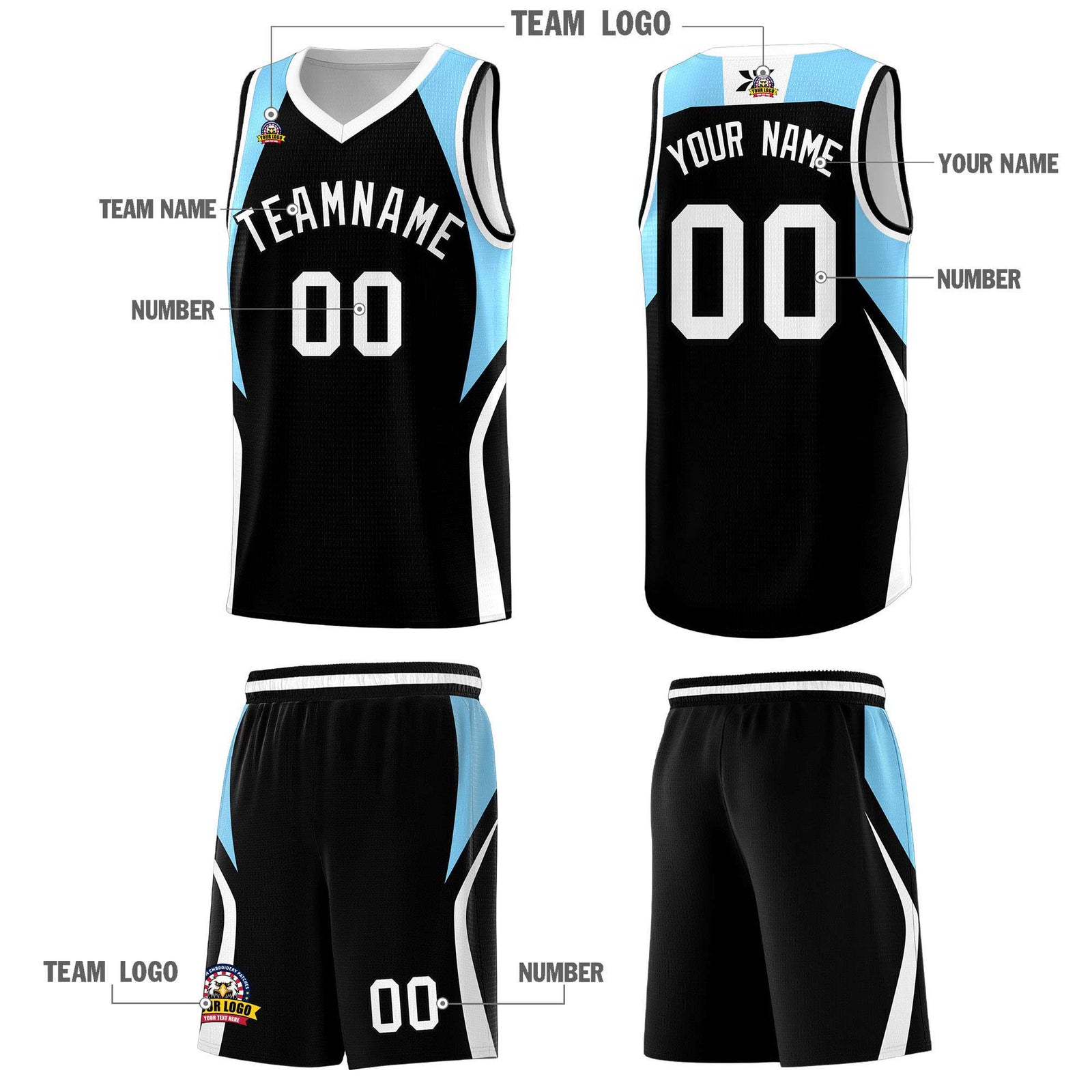 Custom Black Light Blue and White Color Block Sports Uniform Basketball Jersey