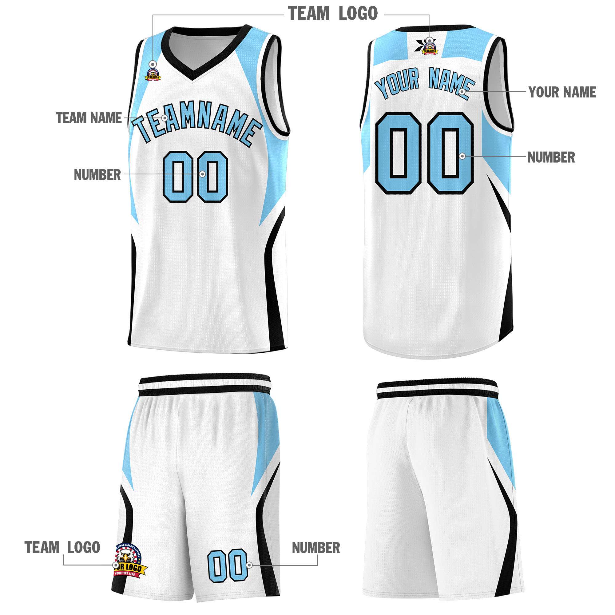 Custom White Light Blue and Black Color Block Sports Uniform Basketball Jersey