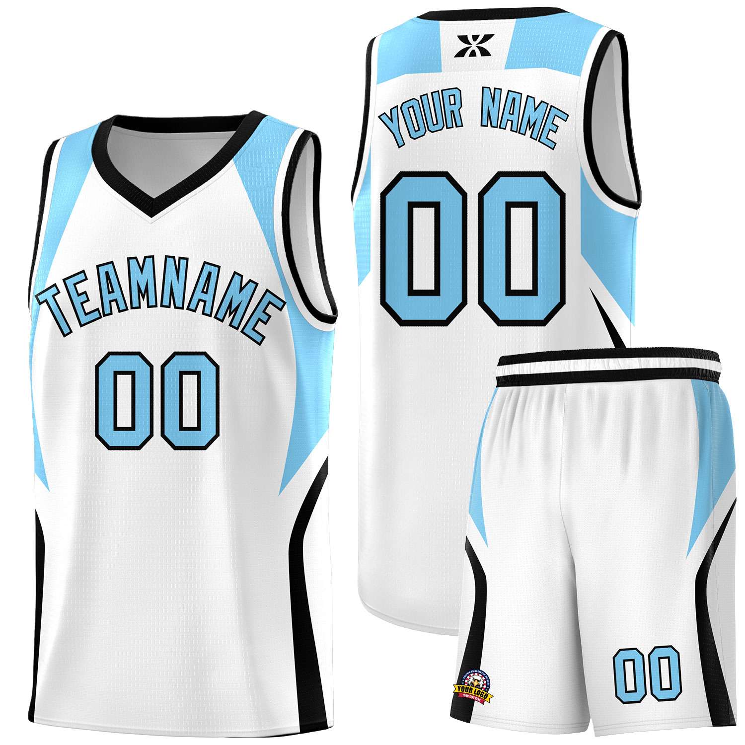 Custom White Light Blue and Black Color Block Sports Uniform Basketball Jersey