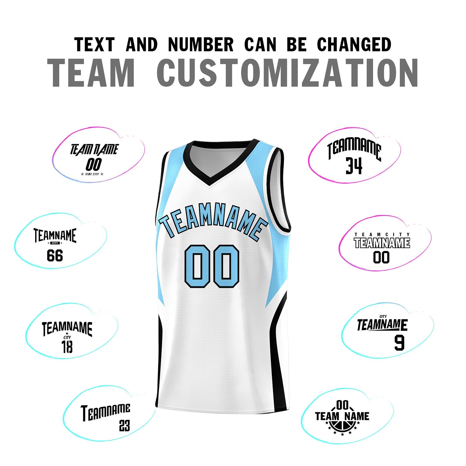 Custom White Light Blue and Black Color Block Sports Uniform Basketball Jersey