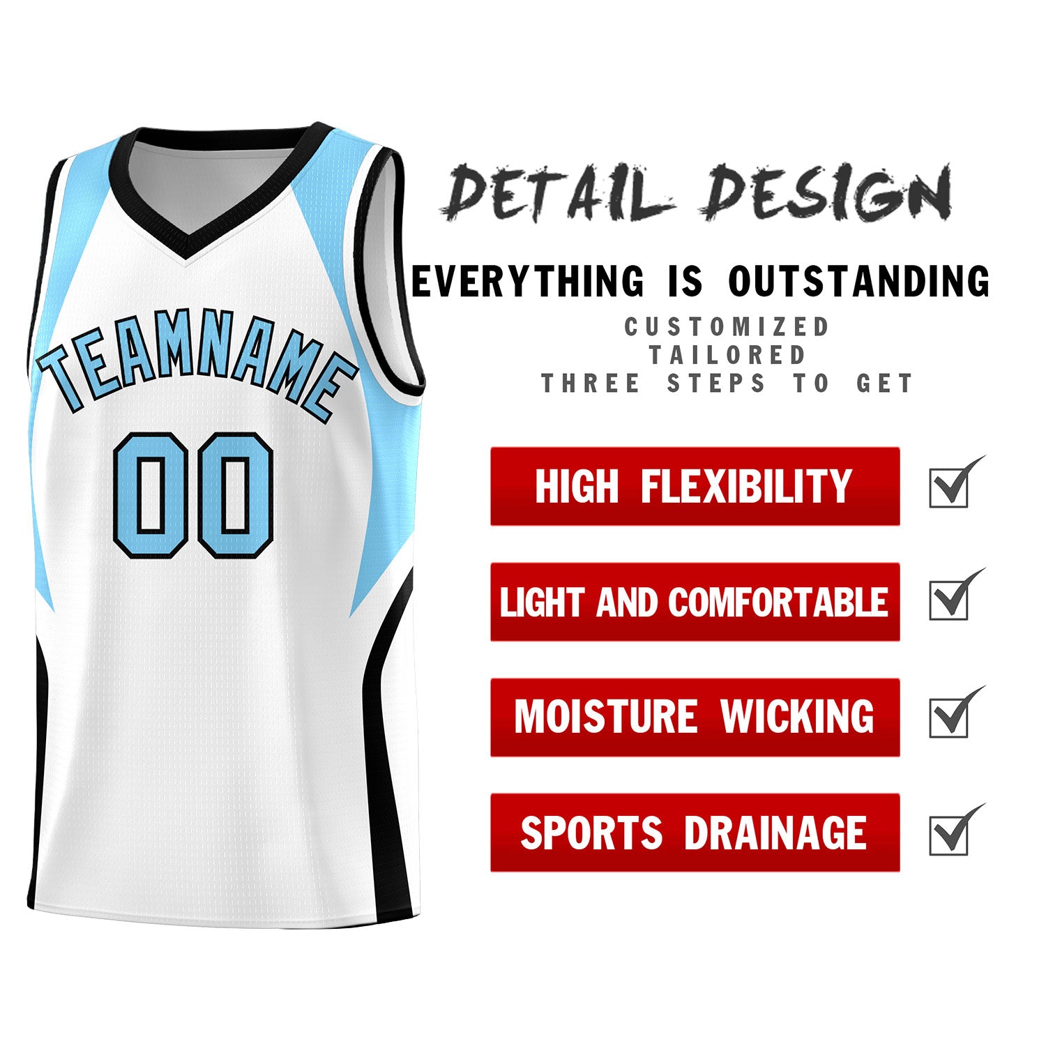 Custom White Light Blue and Black Color Block Sports Uniform Basketball Jersey