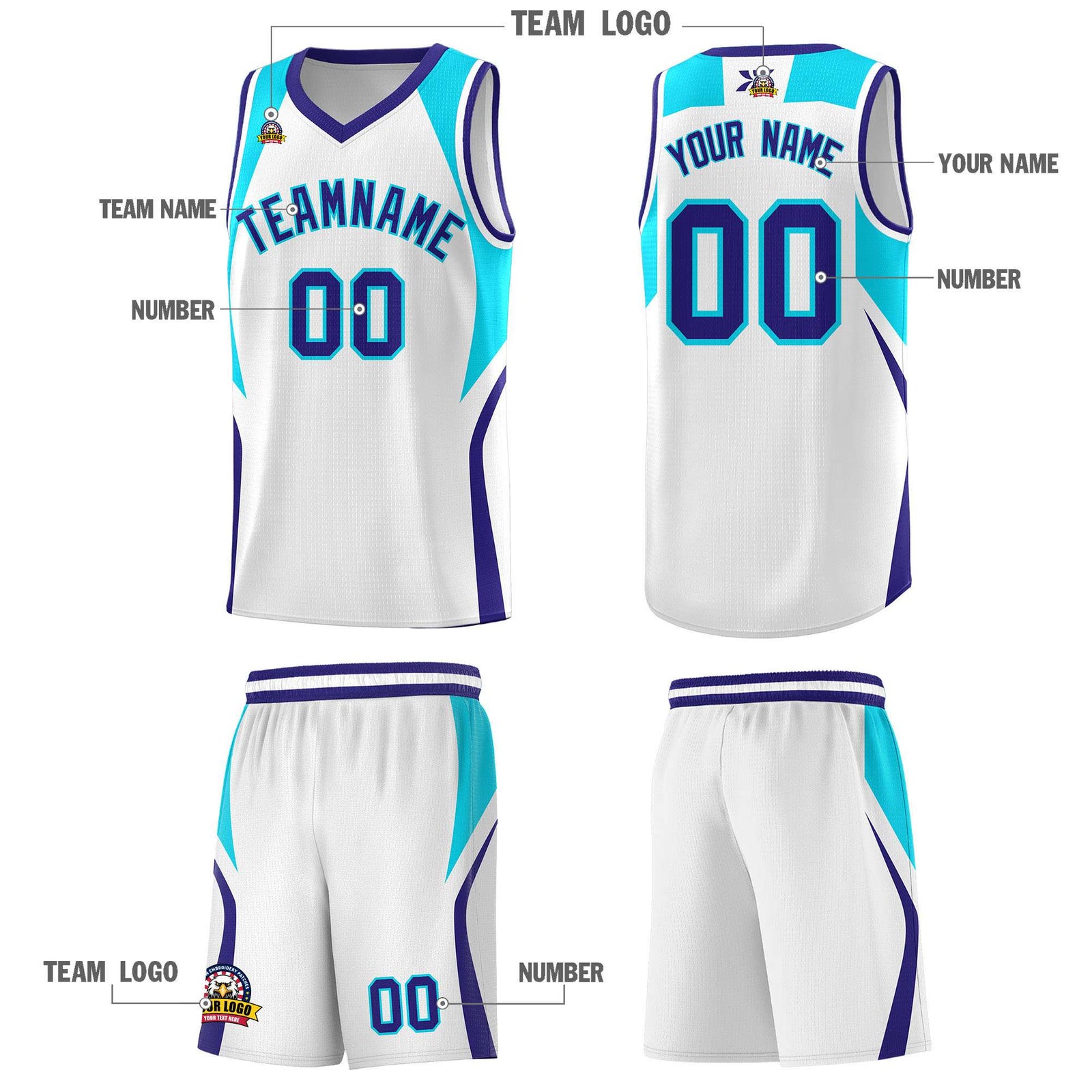 Custom White Sky Blue and Royal Color Block Sports Uniform Basketball Jersey
