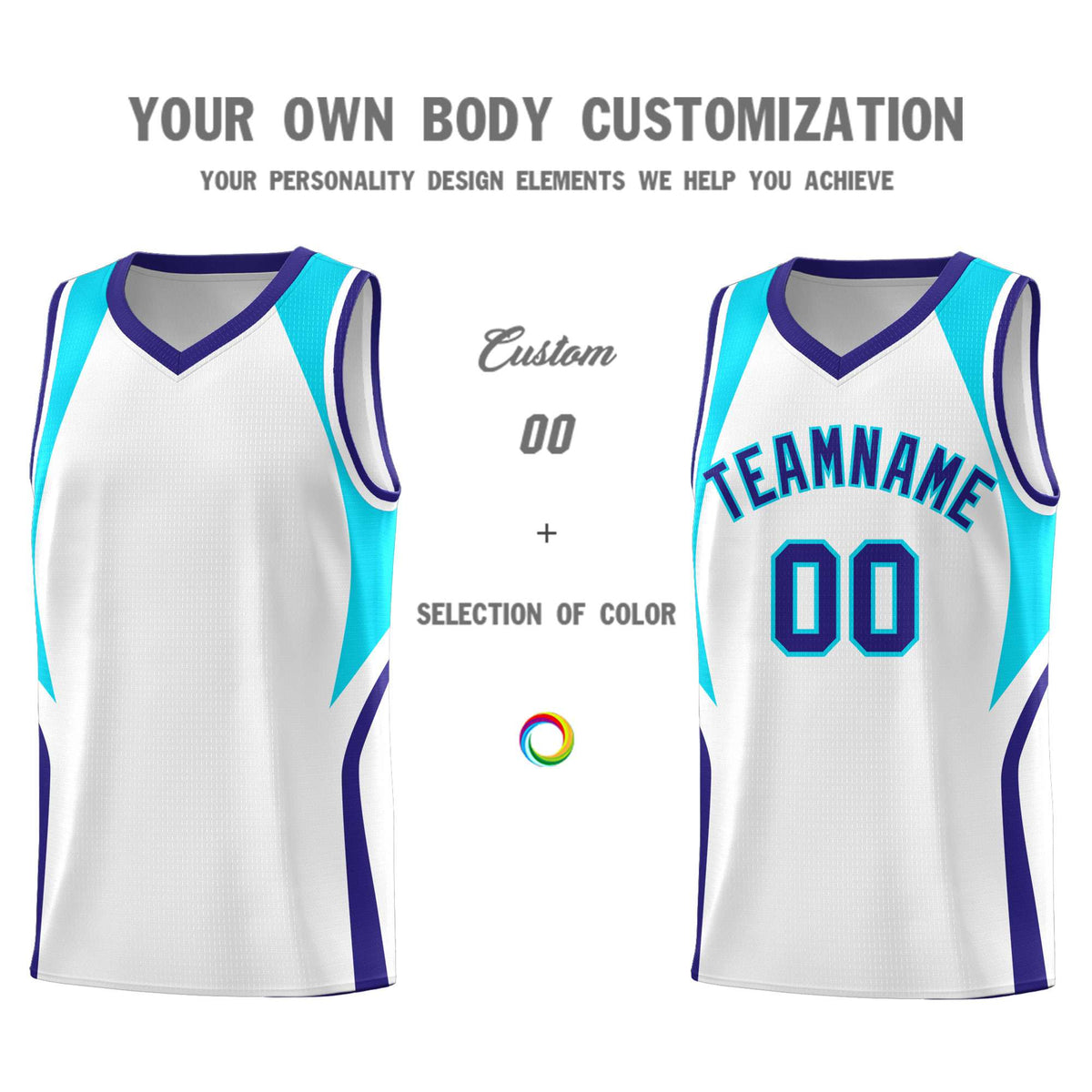 Custom White Sky Blue and Royal Color Block Sports Uniform Basketball Jersey