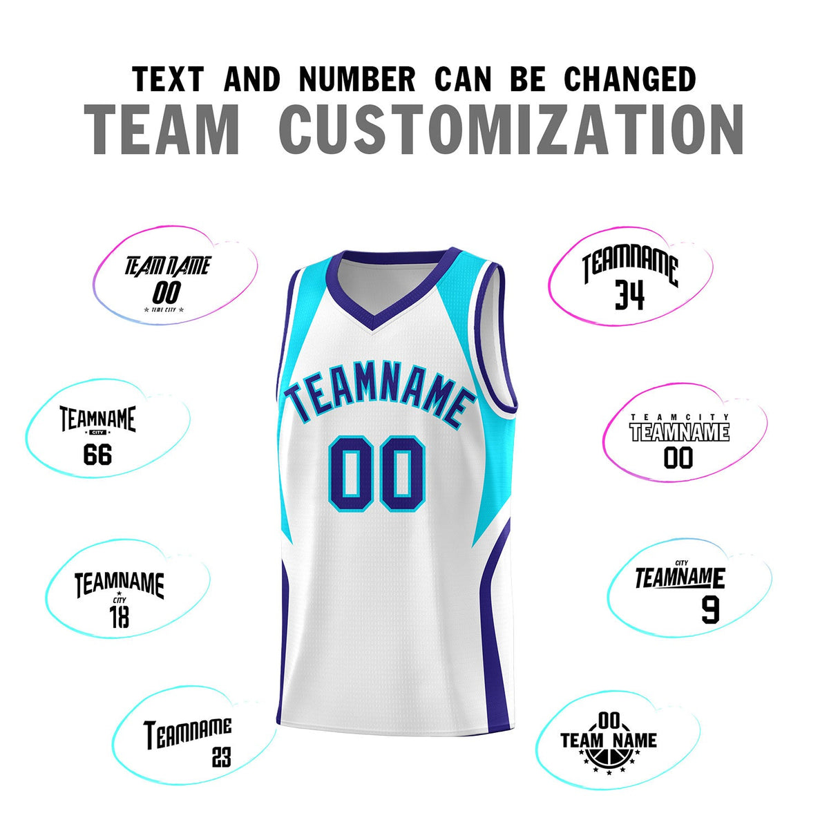 Custom White Sky Blue and Royal Color Block Sports Uniform Basketball Jersey