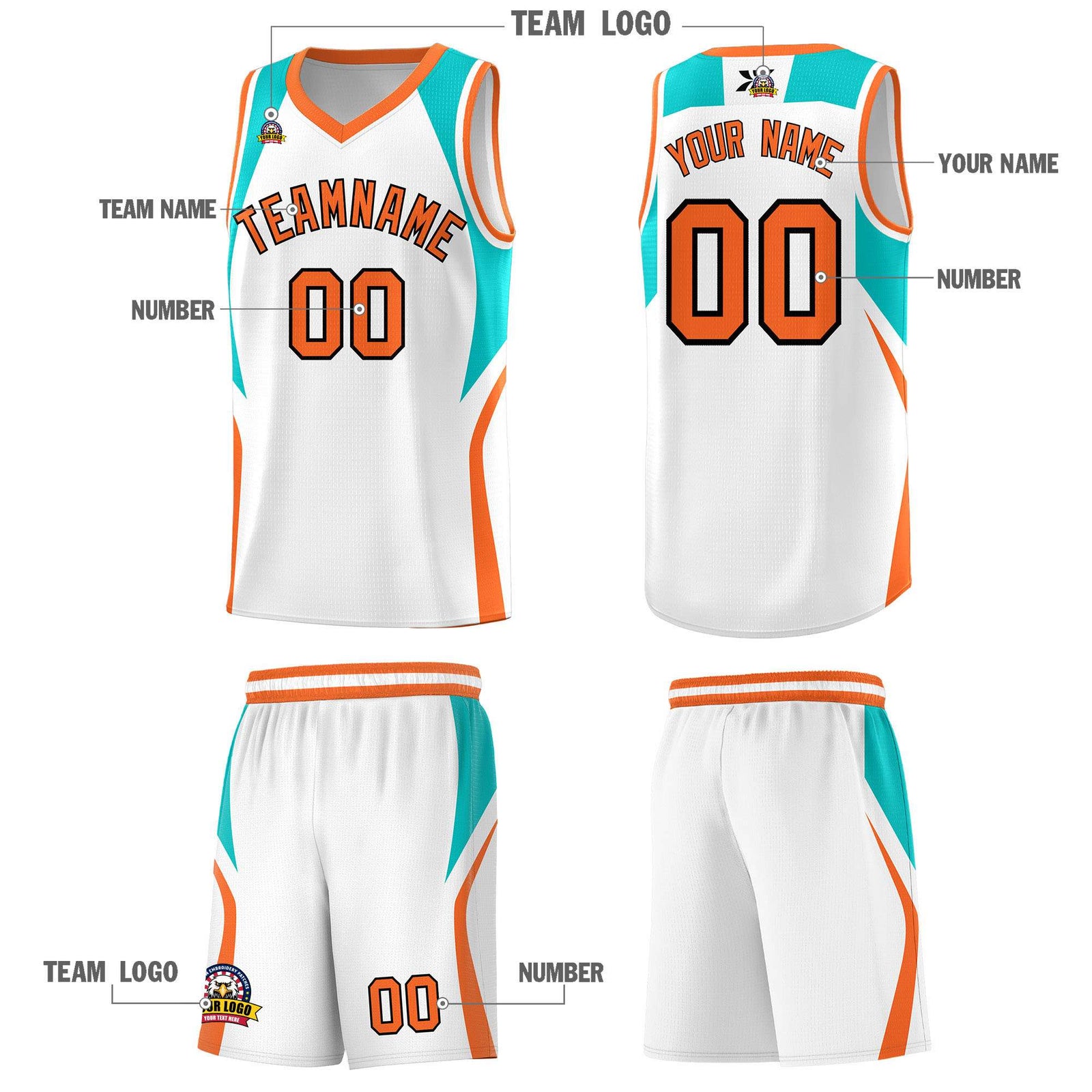 Custom White Aqua and Orange Color Block Sports Uniform Basketball Jersey