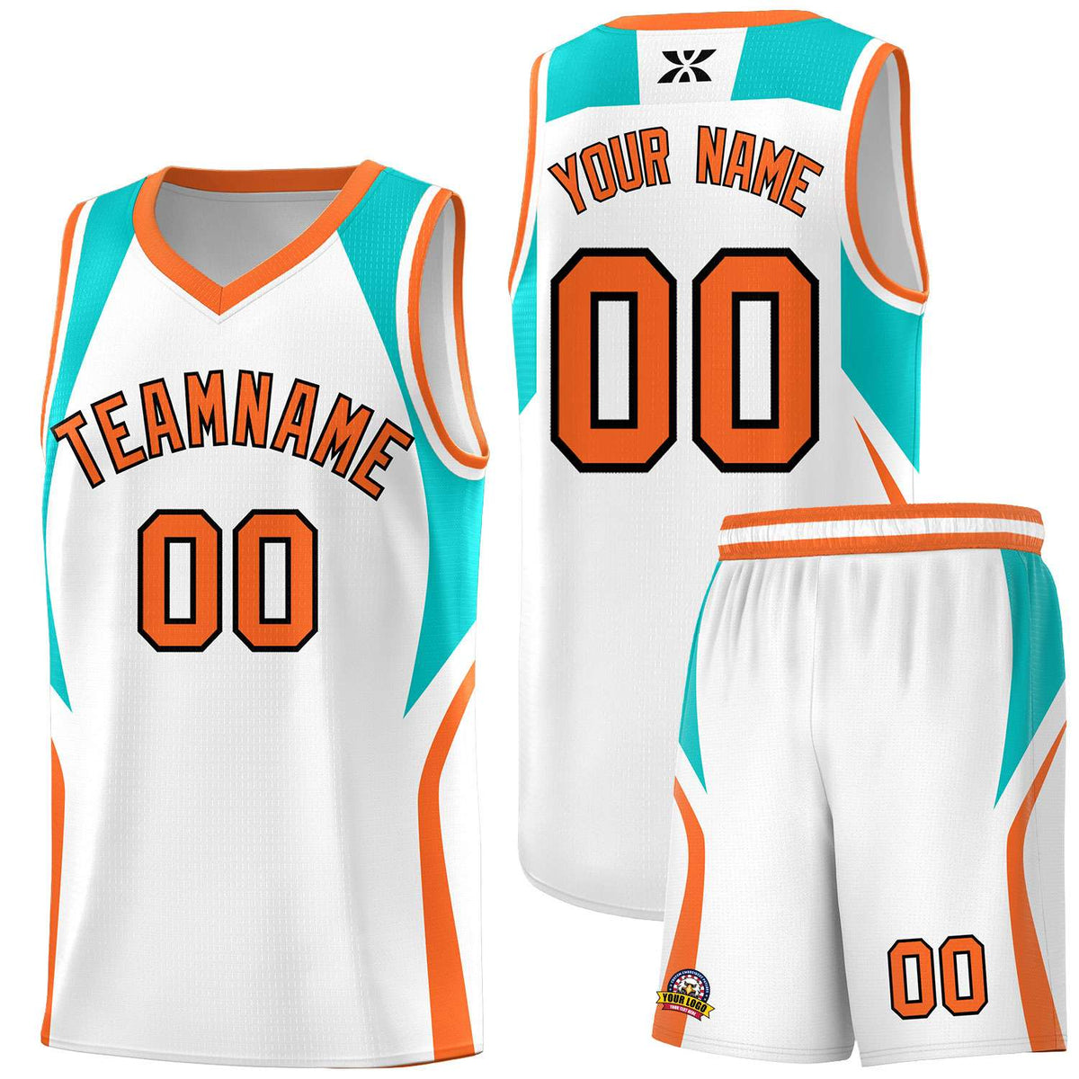 Custom White Aqua and Orange Color Block Sports Uniform Basketball Jersey