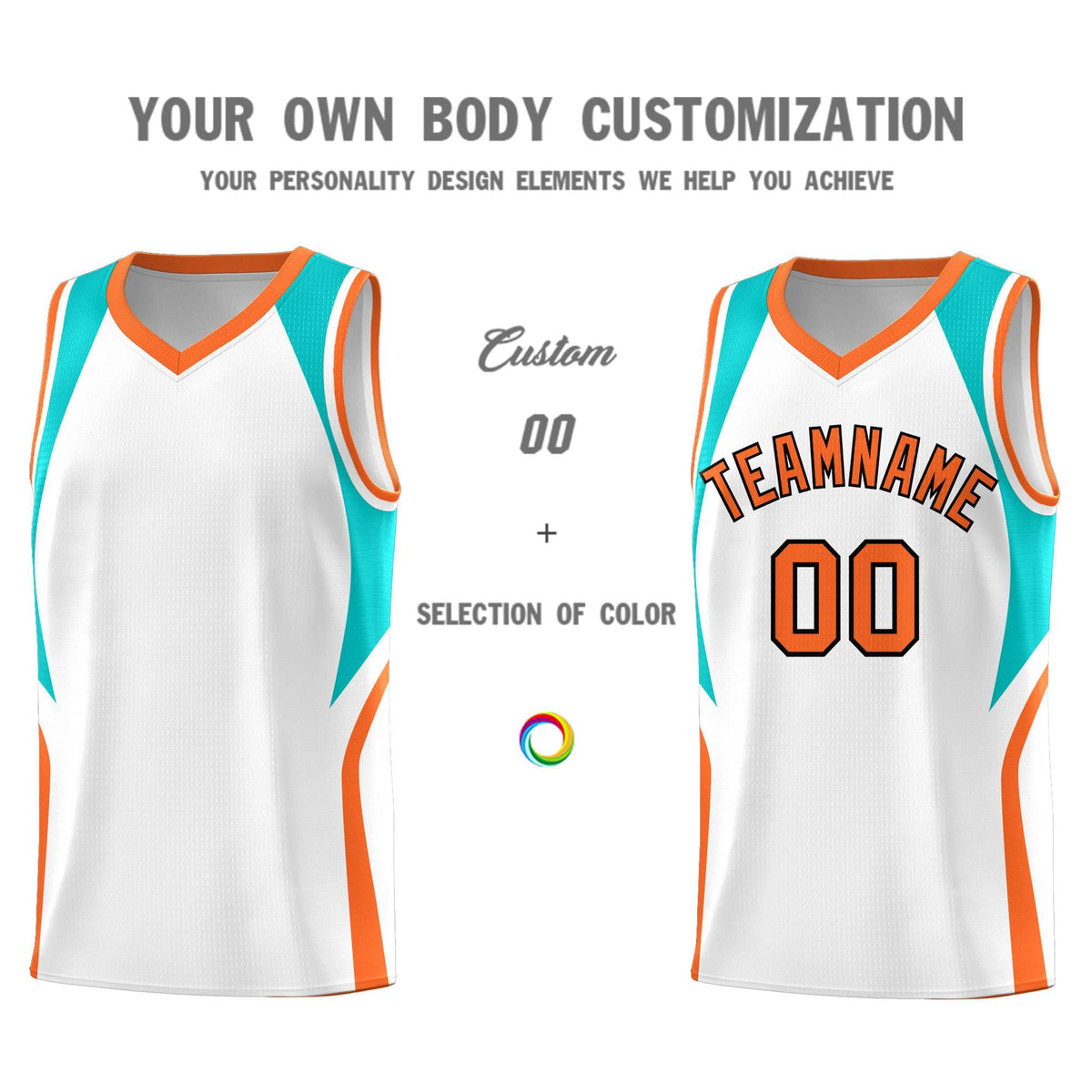 Custom White Aqua and Orange Color Block Sports Uniform Basketball Jersey