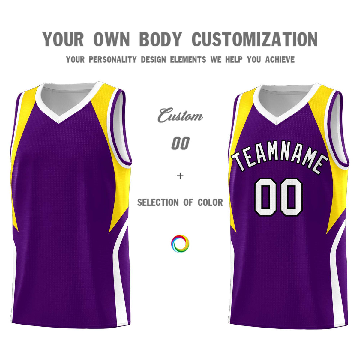 Custom Purple Gold and White Color Block Sports Uniform Basketball Jersey