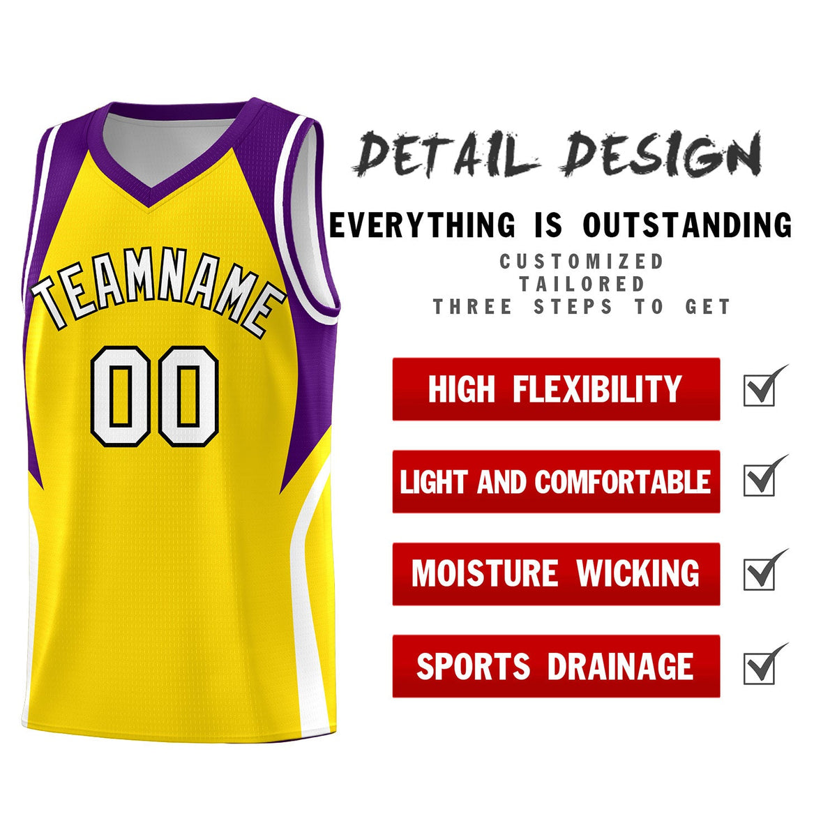 Custom Gold Purple and White Color Block Sports Uniform Basketball Jersey