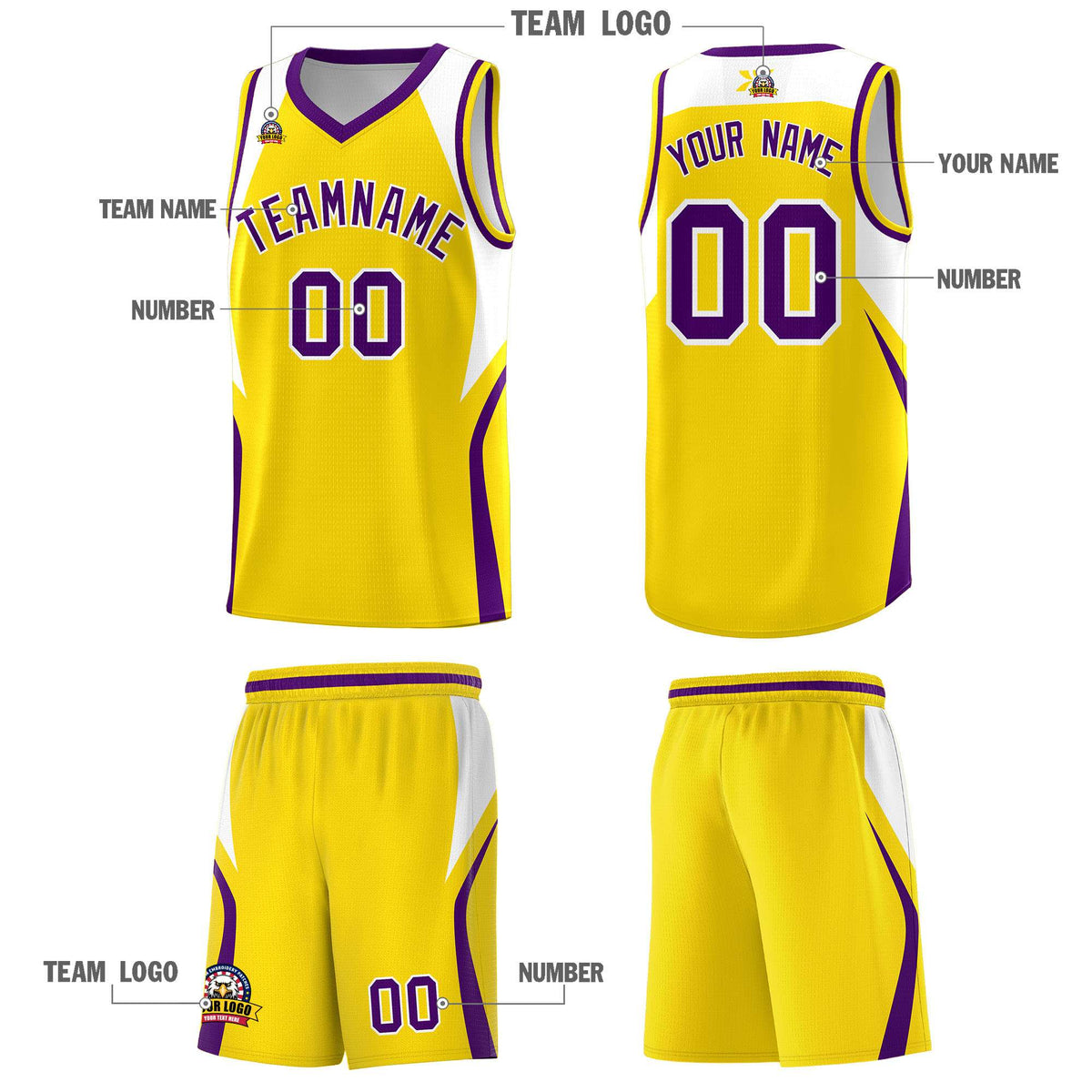 Custom Gold White and Purple Color Block Sports Uniform Basketball Jersey