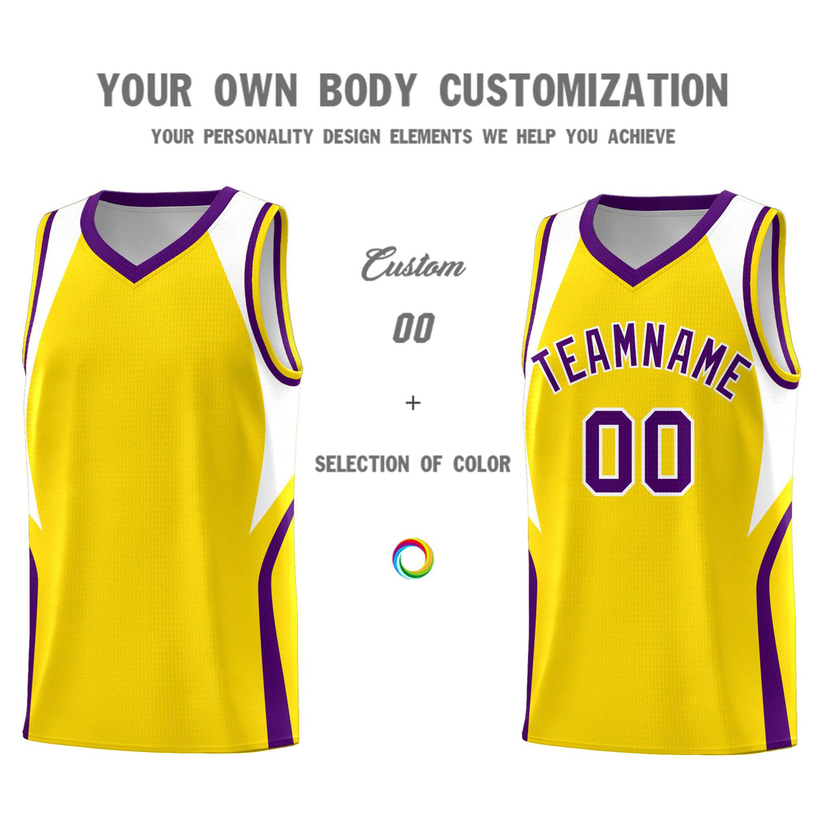 Custom Gold White and Purple Color Block Sports Uniform Basketball Jersey
