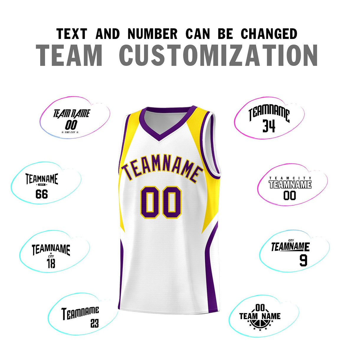 Custom White Gold and Purple Color Block Sports Uniform Basketball Jersey