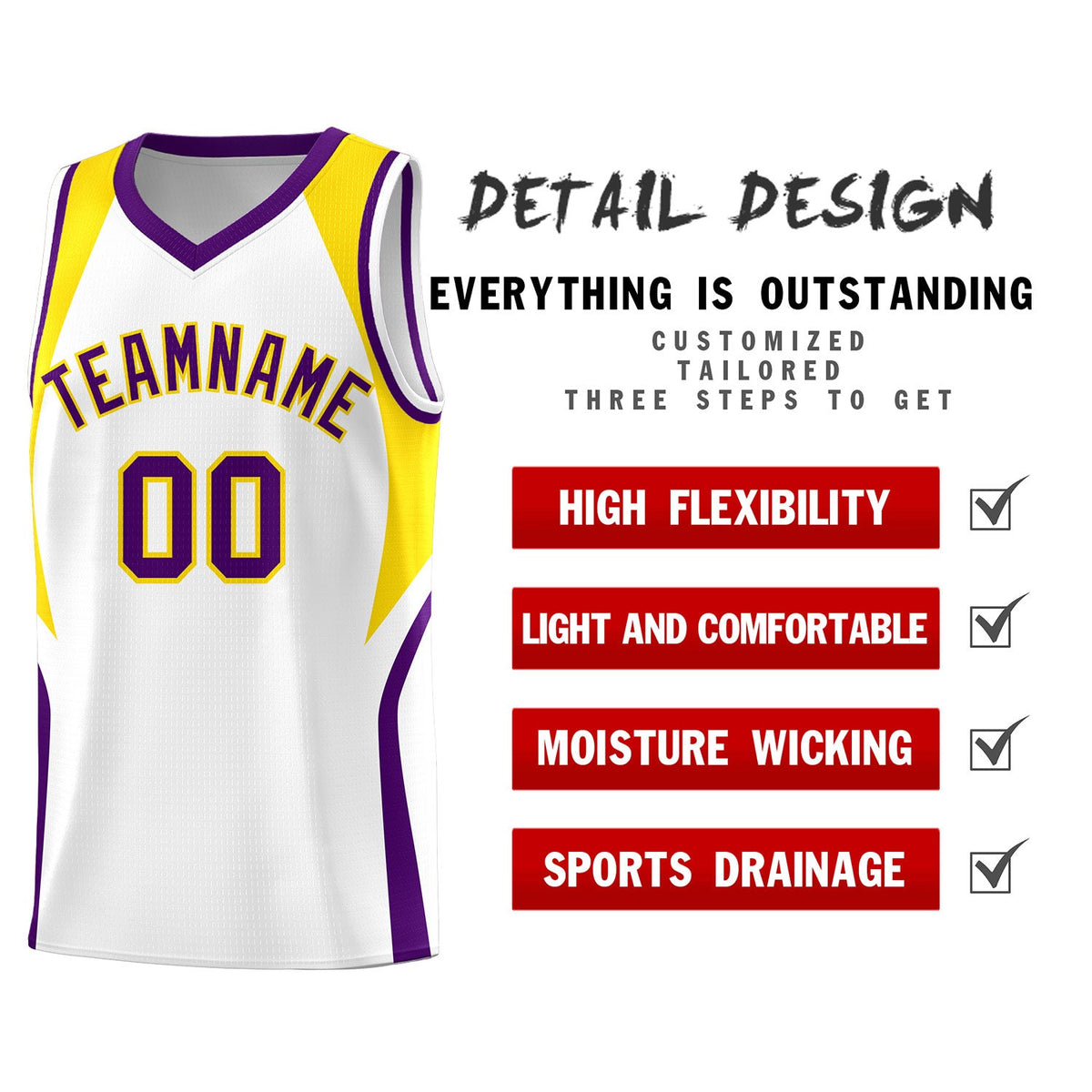 Custom White Gold and Purple Color Block Sports Uniform Basketball Jersey