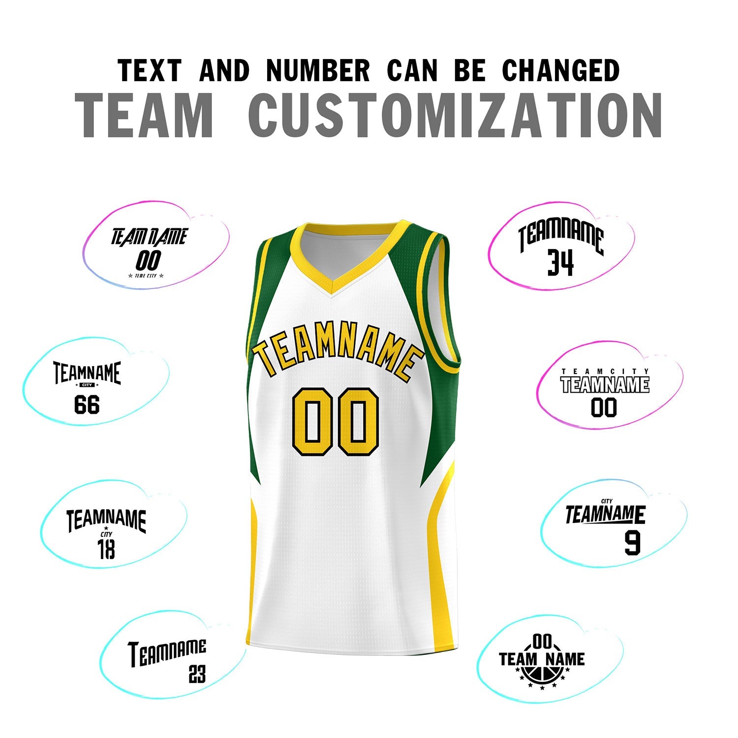 Custom White Hunter Green and Gold Color Block Sports Uniform Basketball Jersey