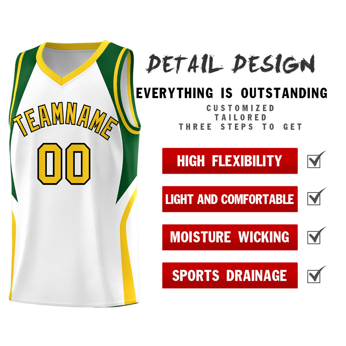 Custom White Hunter Green and Gold Color Block Sports Uniform Basketball Jersey