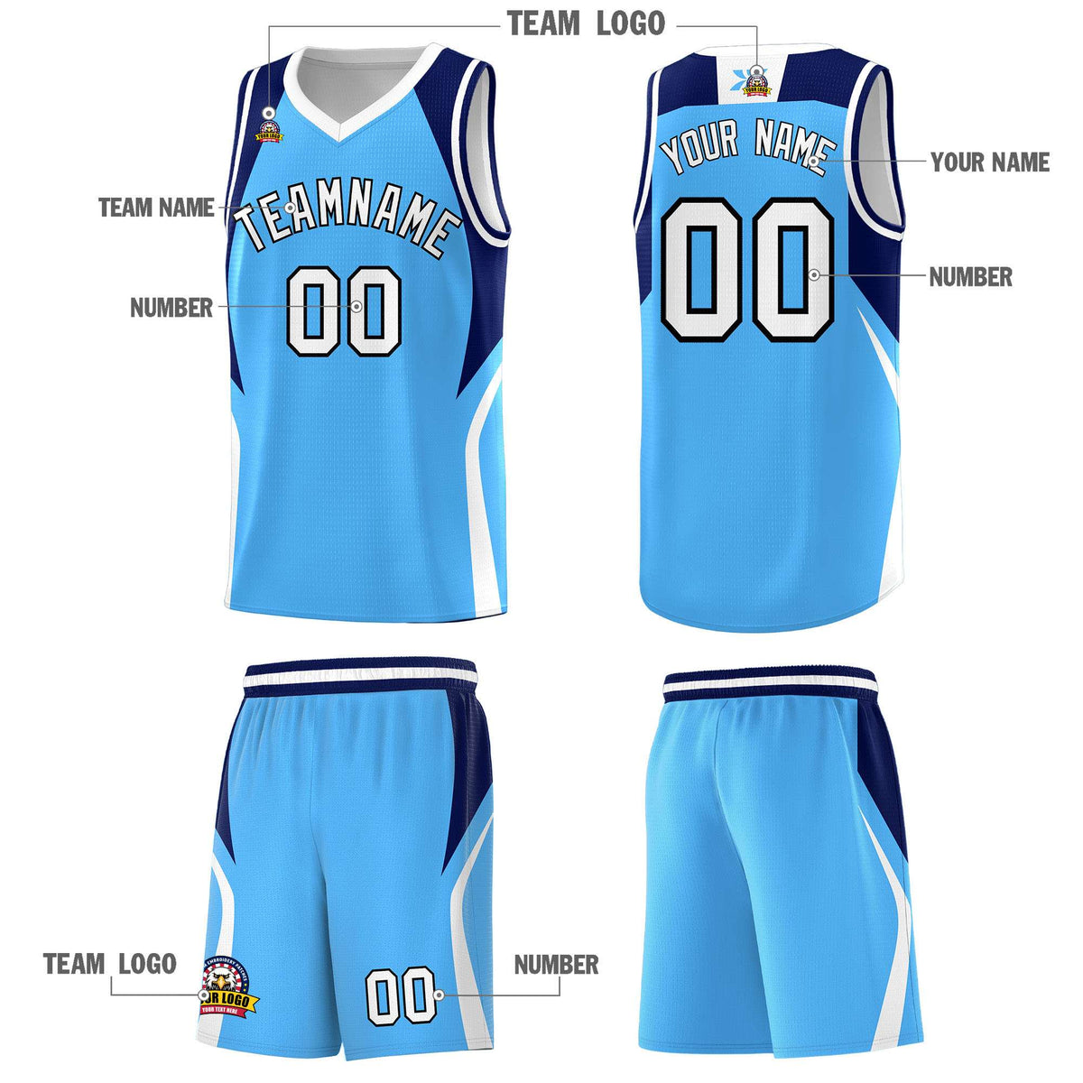 Custom Powder Blue Navy and White Color Block Sports Uniform Basketball Jersey