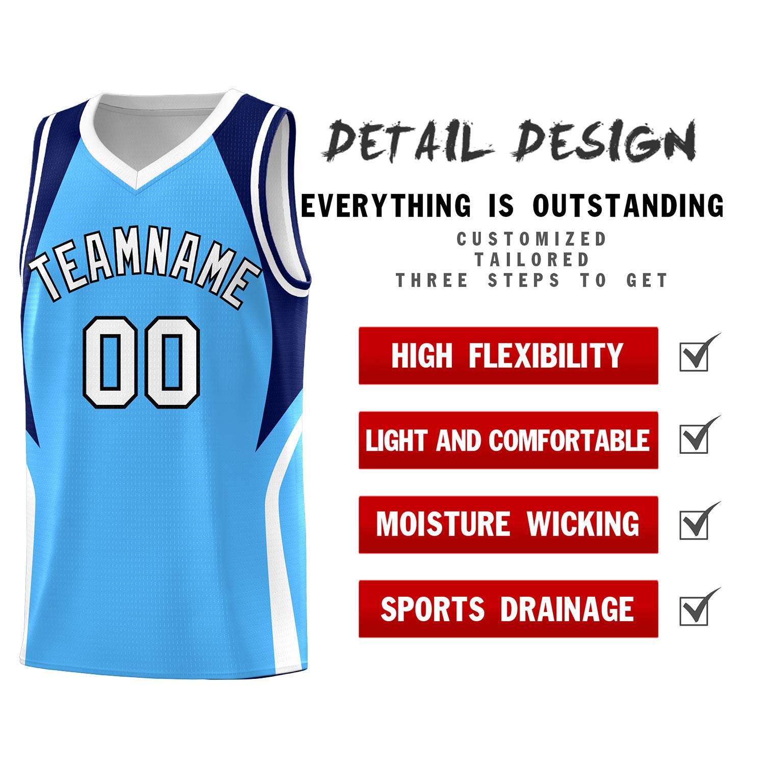 Custom Powder Blue Navy and White Color Block Sports Uniform Basketball Jersey