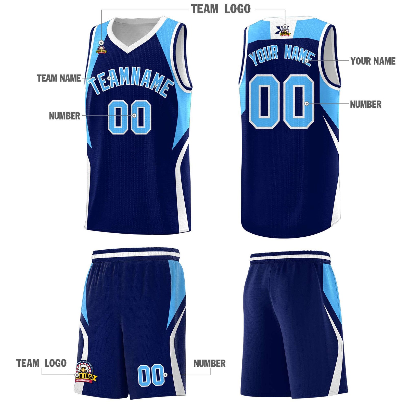 Custom Navy Powder Blue and White Color Block Sports Uniform Basketball Jersey