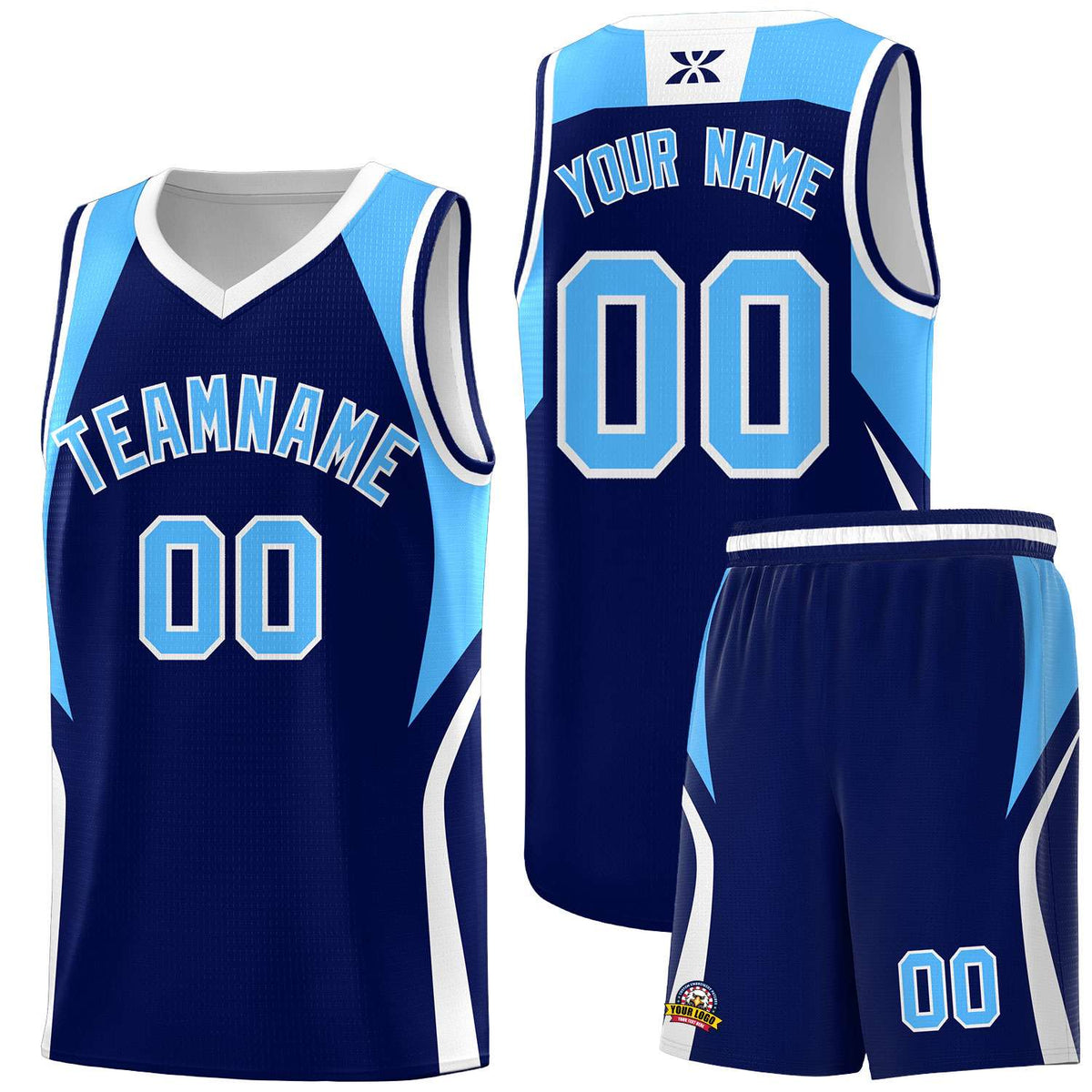 Custom Navy Powder Blue and White Color Block Sports Uniform Basketball Jersey