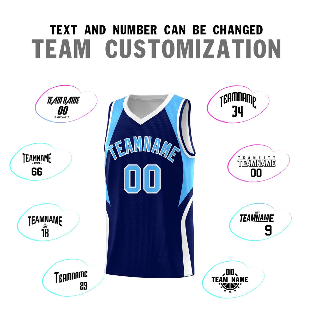 Custom Navy Powder Blue and White Color Block Sports Uniform Basketball Jersey