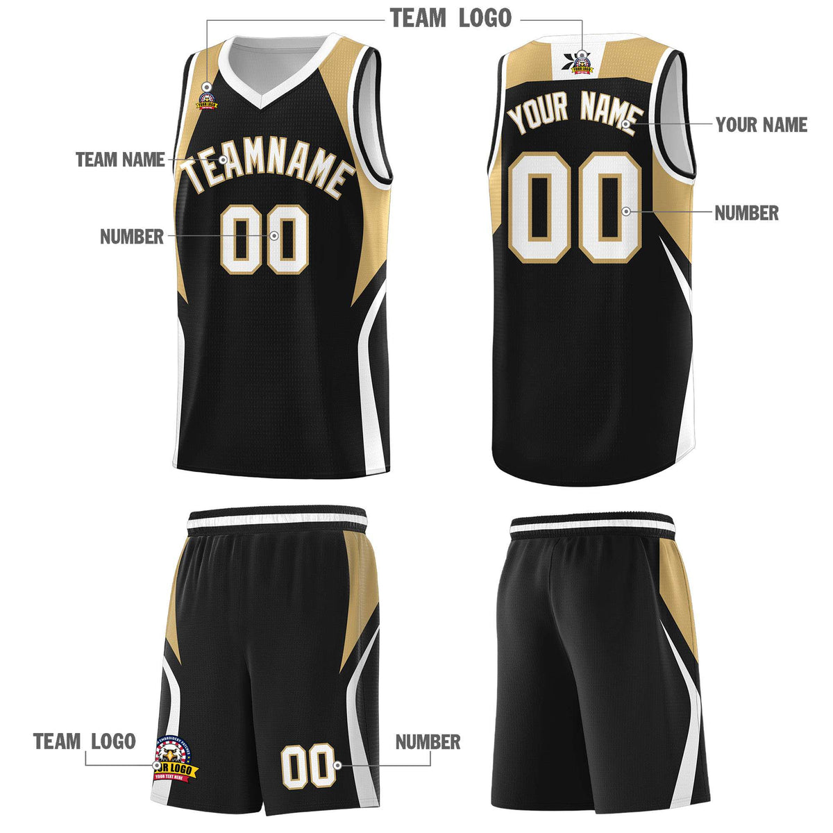 Custom Black Old Gold and White Color Block Sports Uniform Basketball Jersey