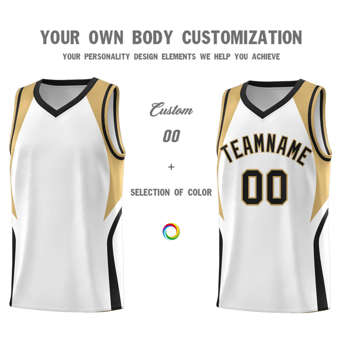 Custom White Old Gold and Black Color Block Sports Uniform Basketball Jersey