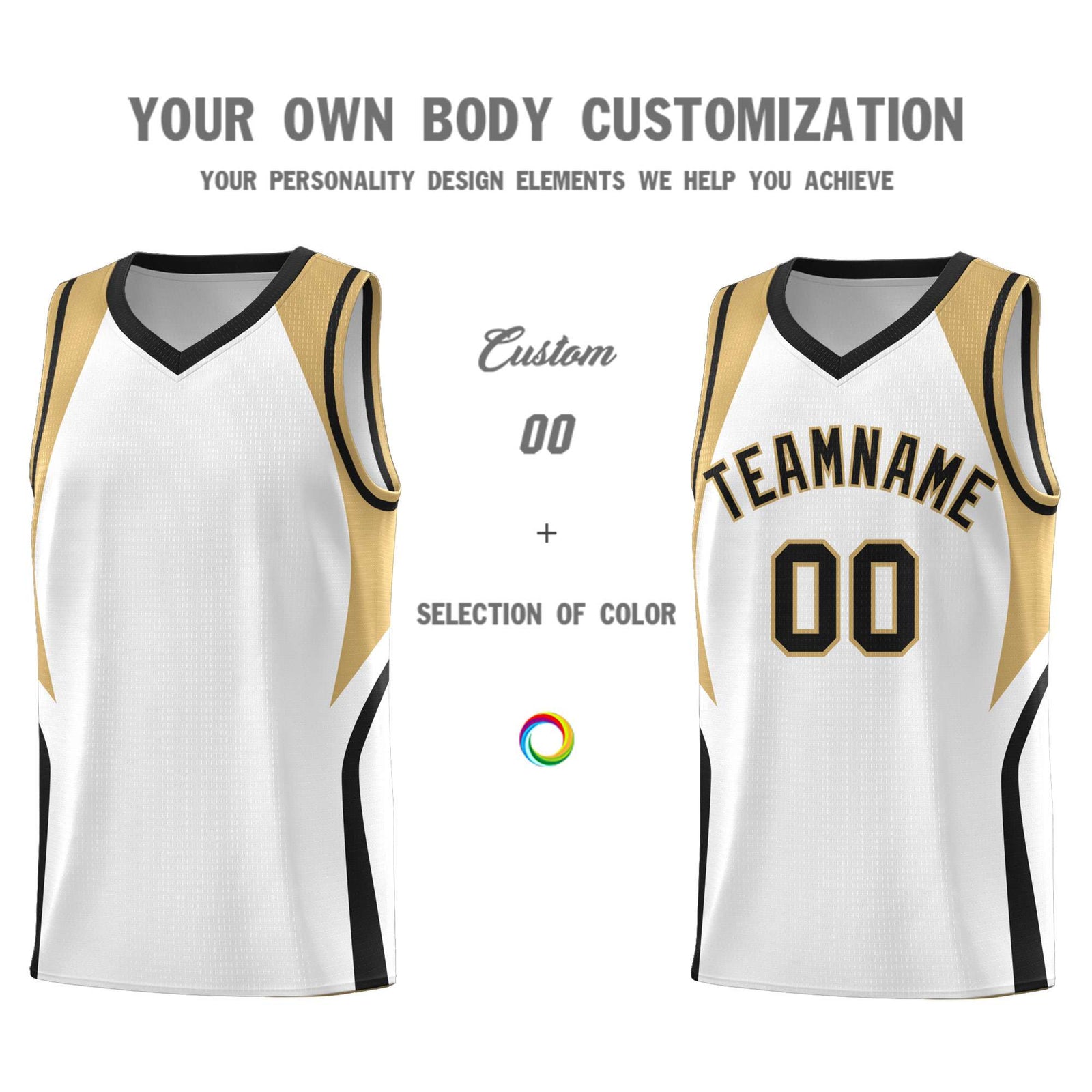 Custom White Old Gold and Black Color Block Sports Uniform Basketball Jersey