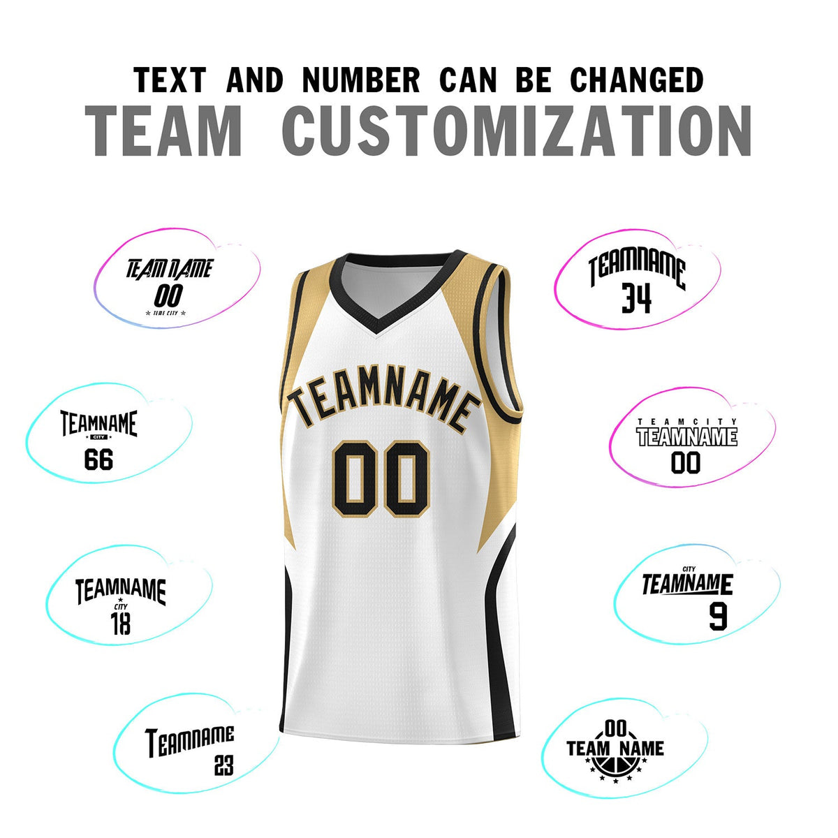 Custom White Old Gold and Black Color Block Sports Uniform Basketball Jersey