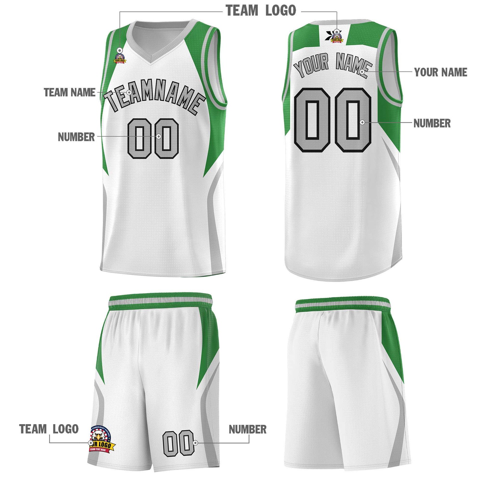 Custom White Green and Gray Color Block Sports Uniform Basketball Jersey