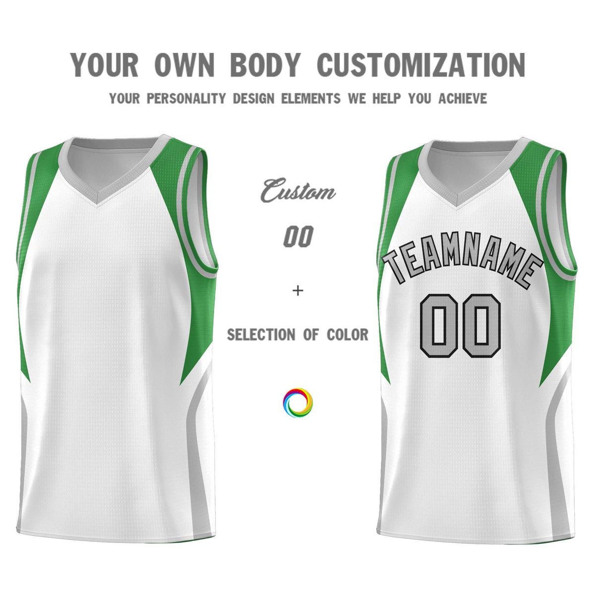 Custom White Green and Gray Color Block Sports Uniform Basketball Jersey