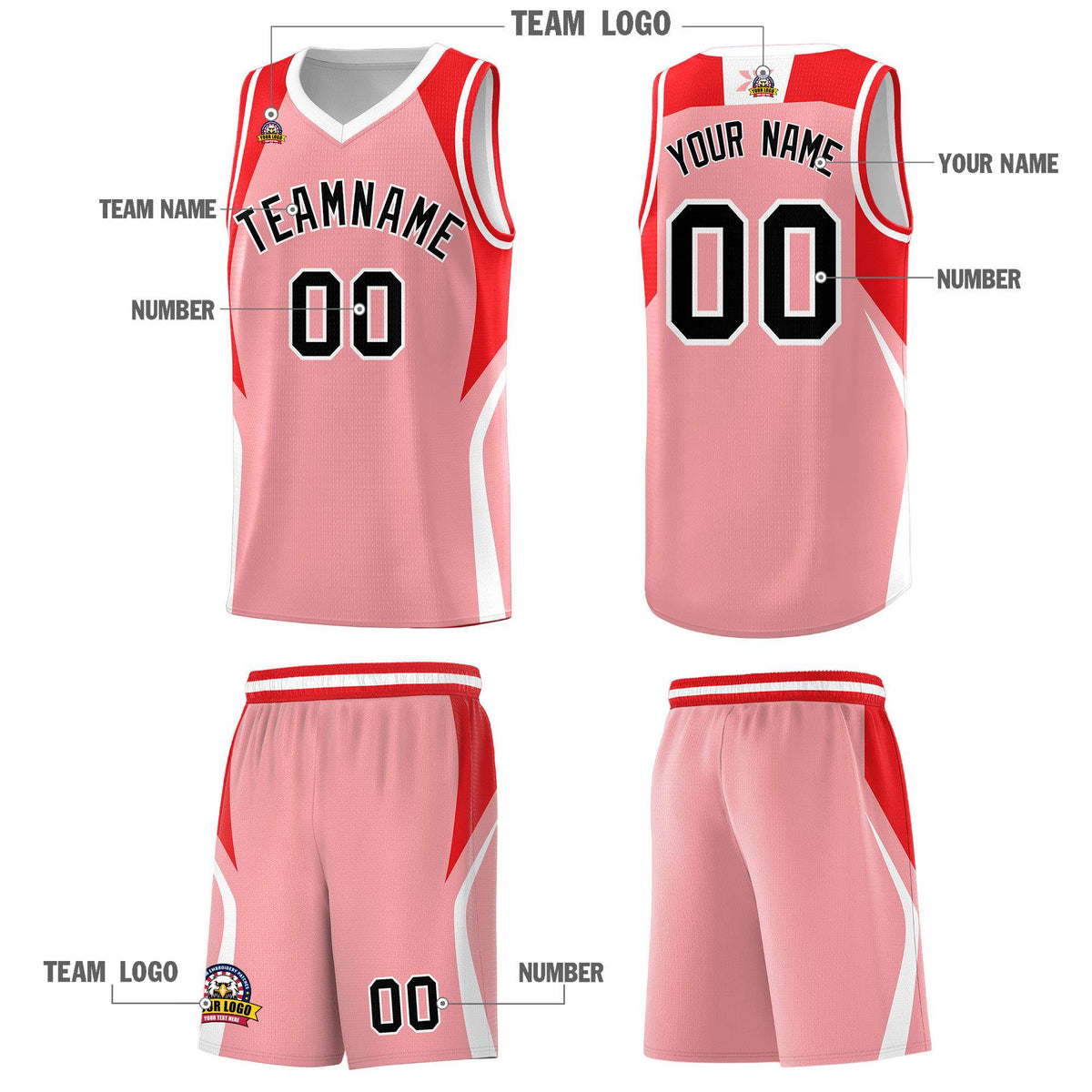 Custom Light Pink Red and White Color Block Sports Uniform Basketball Jersey