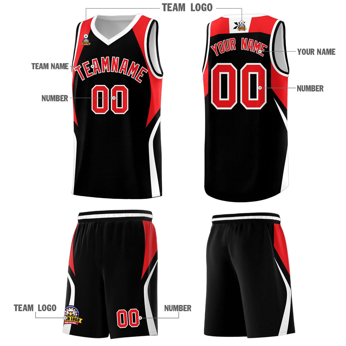 Custom Black Red and White Color Block Sports Uniform Basketball Jersey