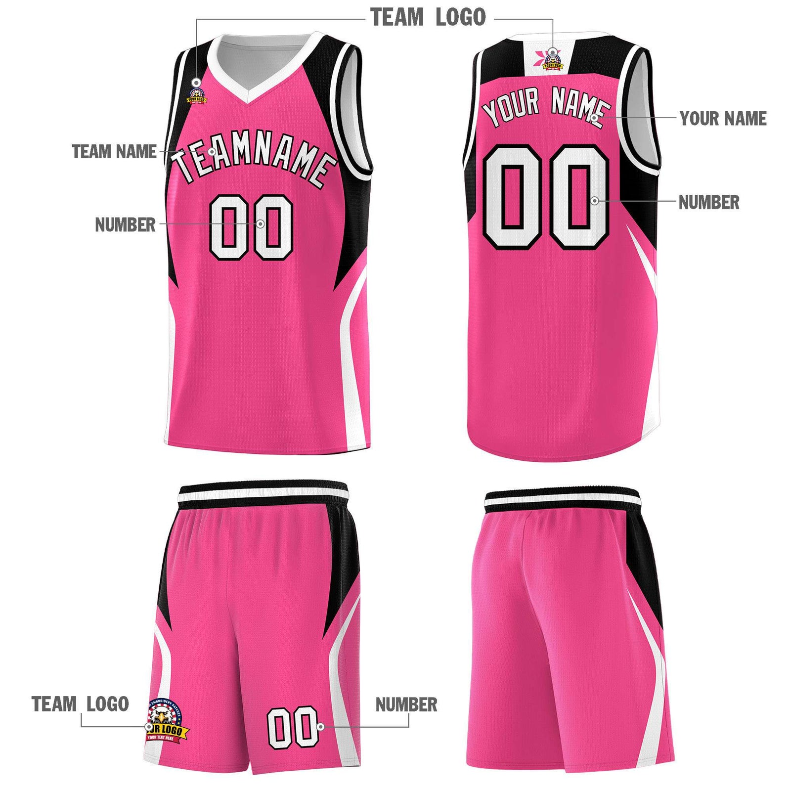 Custom Pink Black and White Color Block Sports Uniform Basketball Jersey