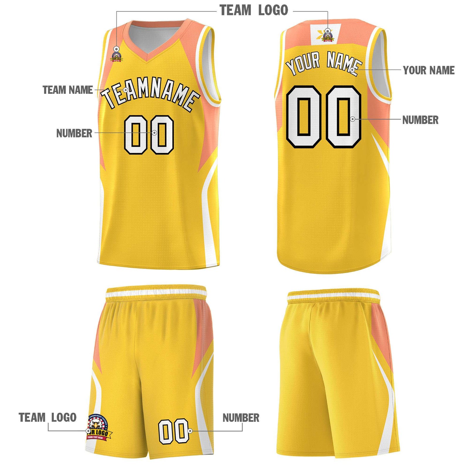 Custom Gold Orange and White Color Block Sports Uniform Basketball Jersey
