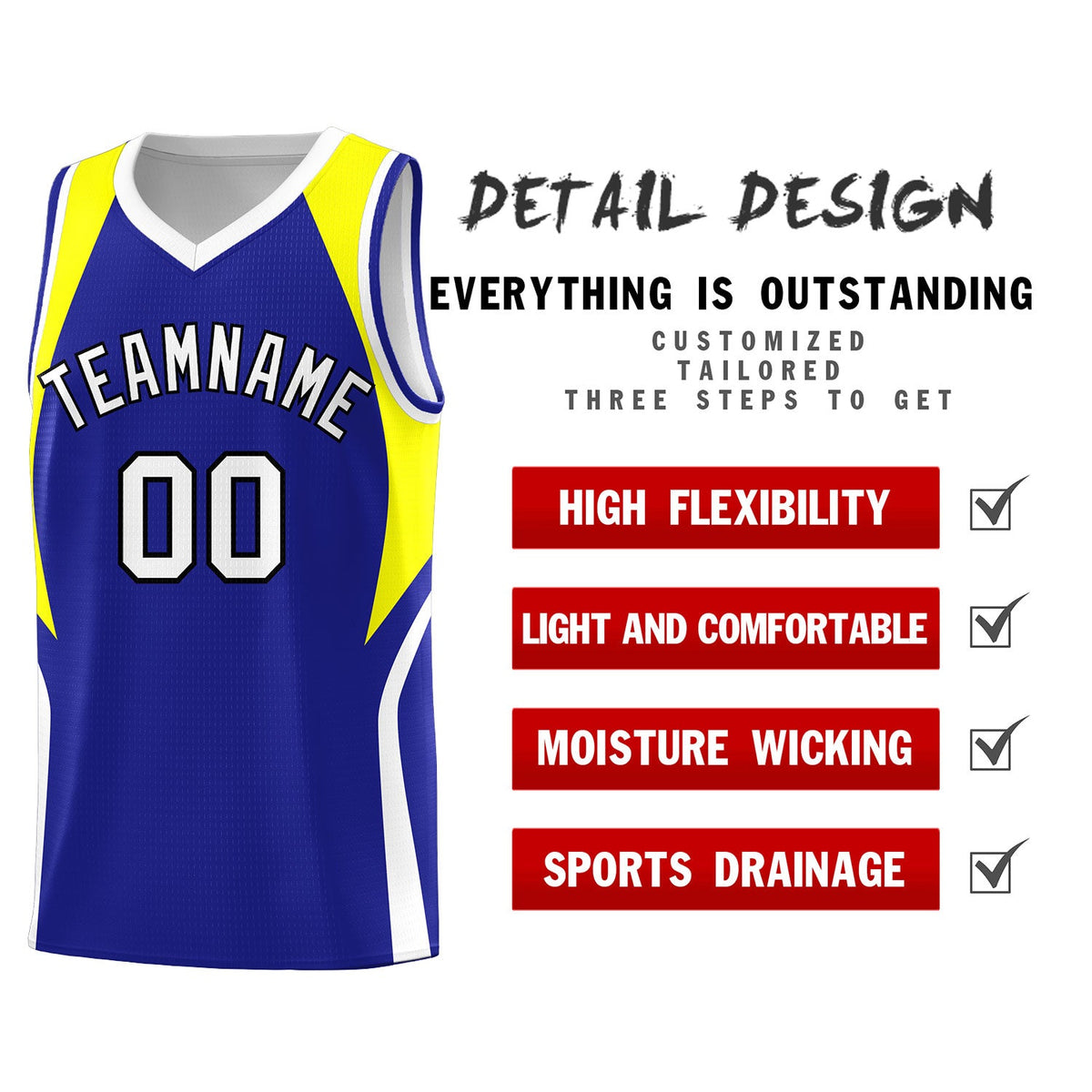 Custom Royal Yellow and White Color Block Sports Uniform Basketball Jersey