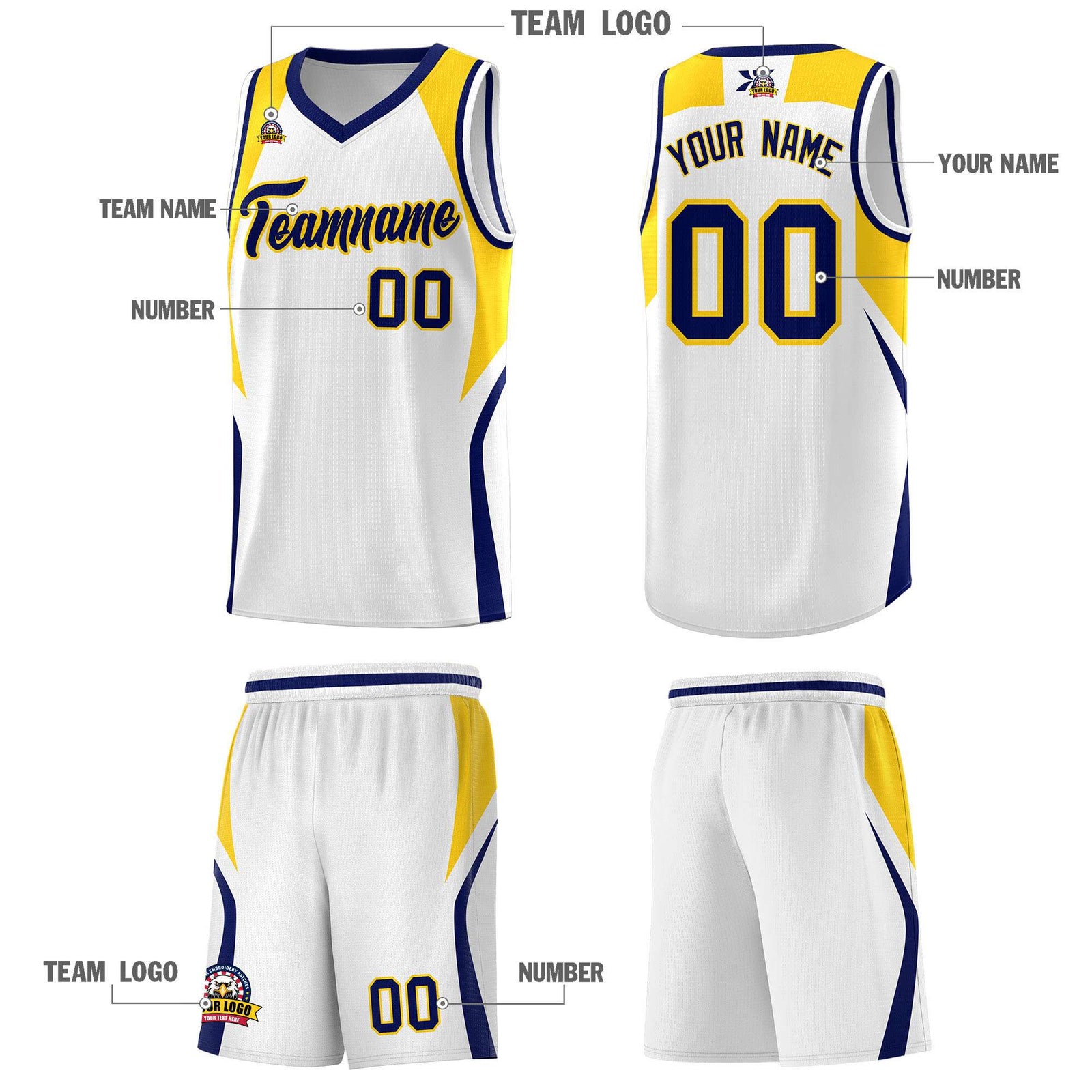 Custom White Navy and Gold Color Block Sports Uniform Basketball Jersey