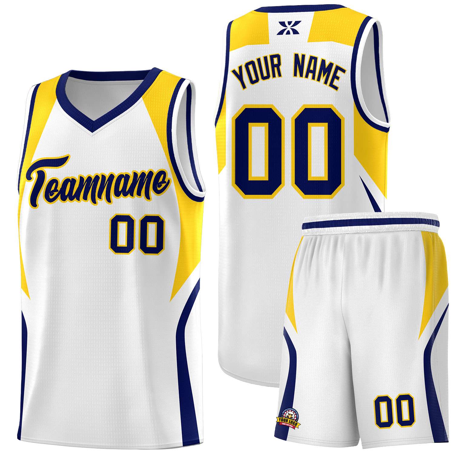 Custom White Navy and Gold Color Block Sports Uniform Basketball Jersey