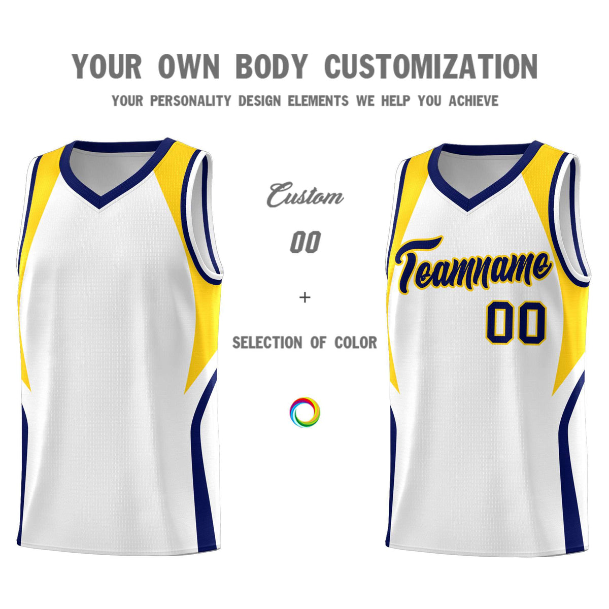 Custom White Navy and Gold Color Block Sports Uniform Basketball Jersey