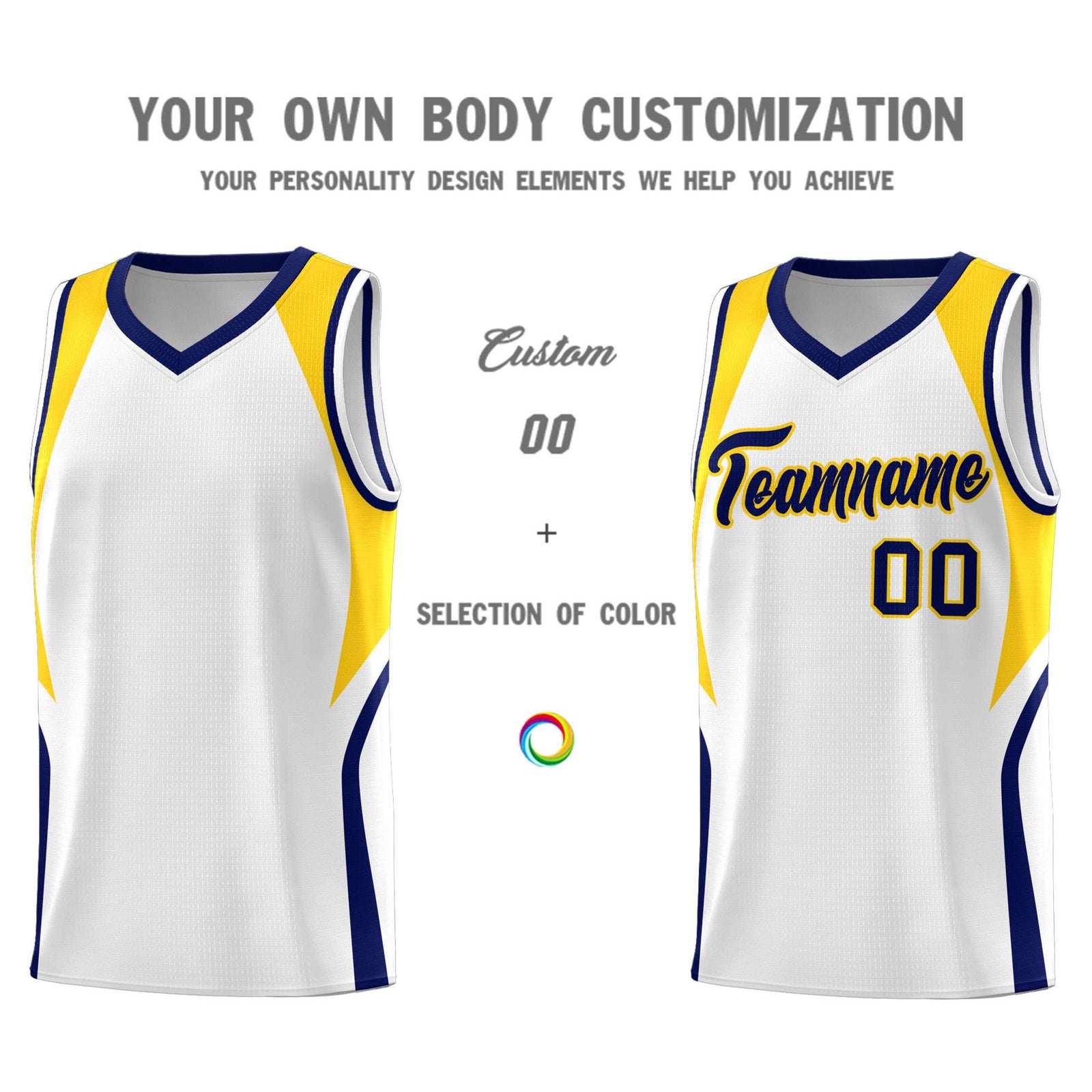 Custom White Navy and Gold Color Block Sports Uniform Basketball Jersey
