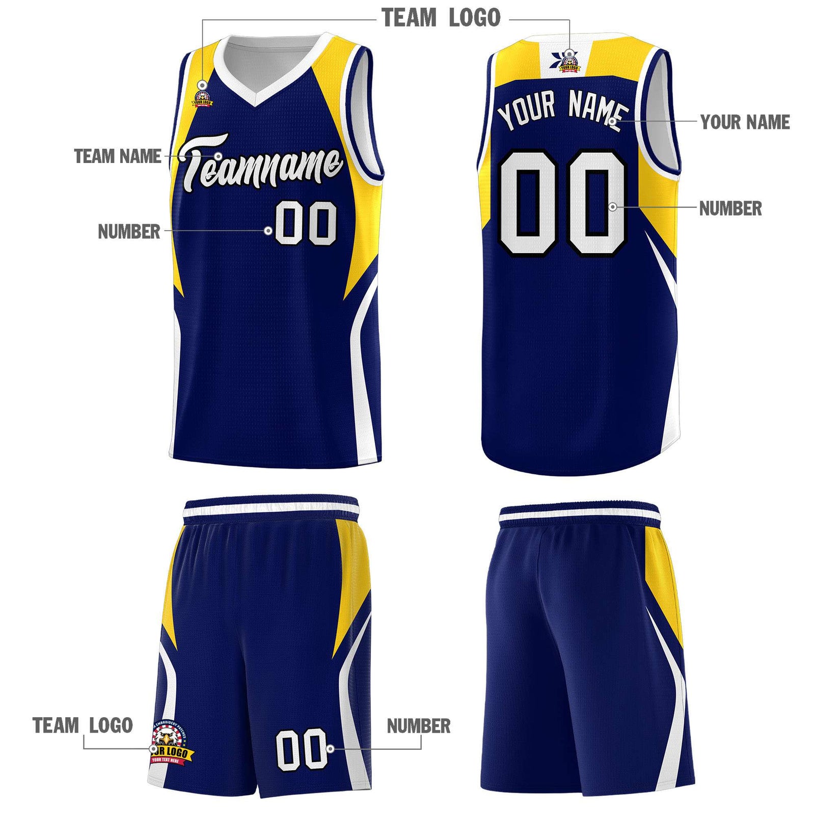Custom Navy Gold and White Color Block Sports Uniform Basketball Jersey