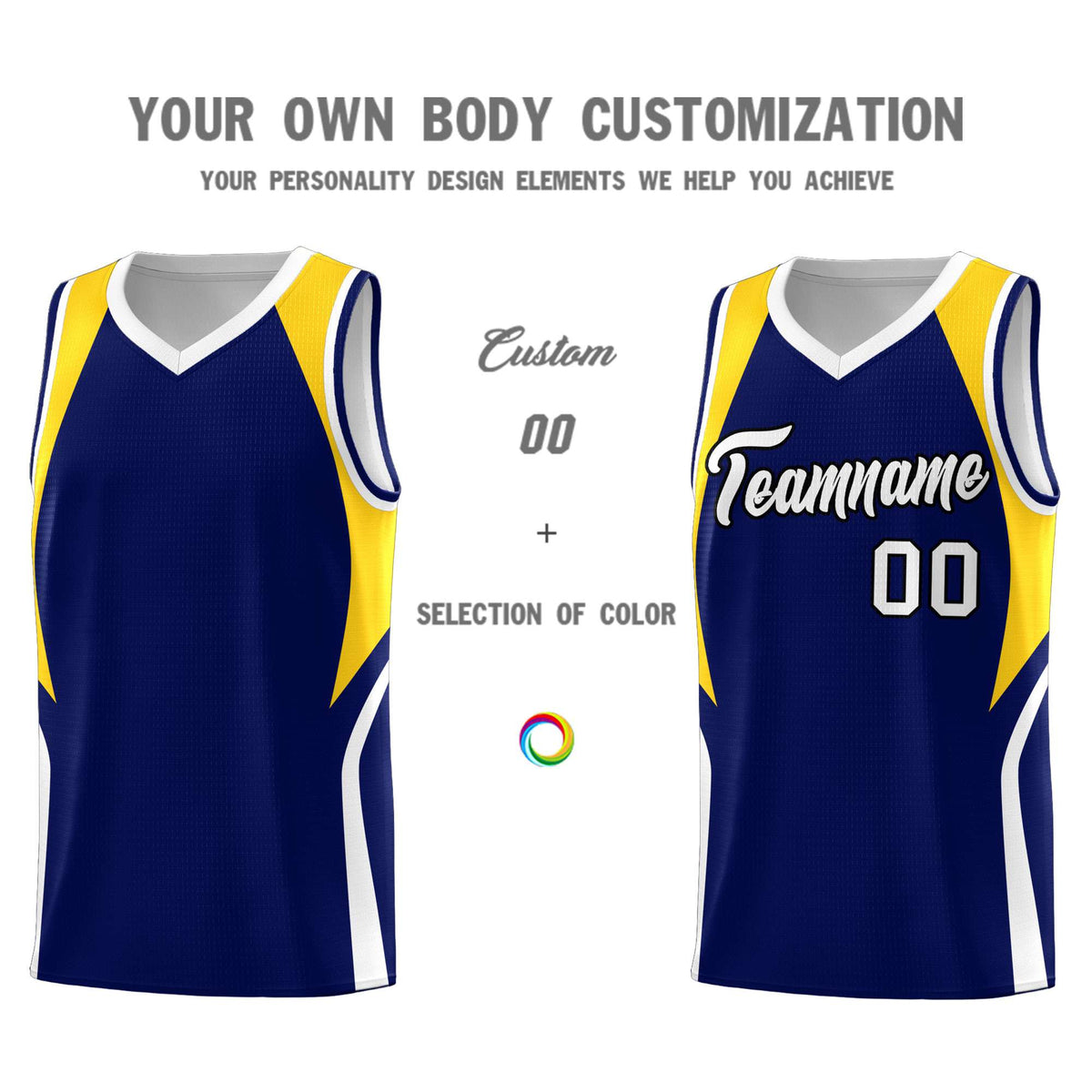 Custom Navy Gold and White Color Block Sports Uniform Basketball Jersey