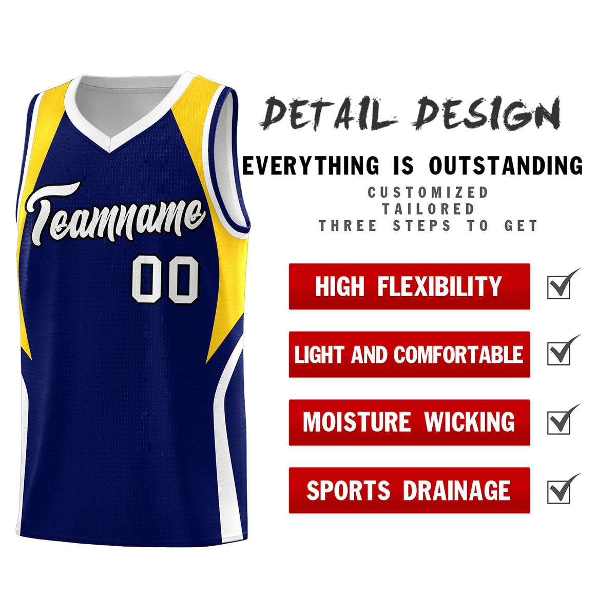 Custom Navy Gold and White Color Block Sports Uniform Basketball Jersey