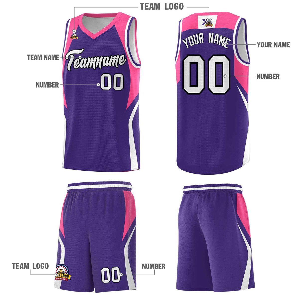 Custom Purple Pink and White Color Block Sports Uniform Basketball Jersey